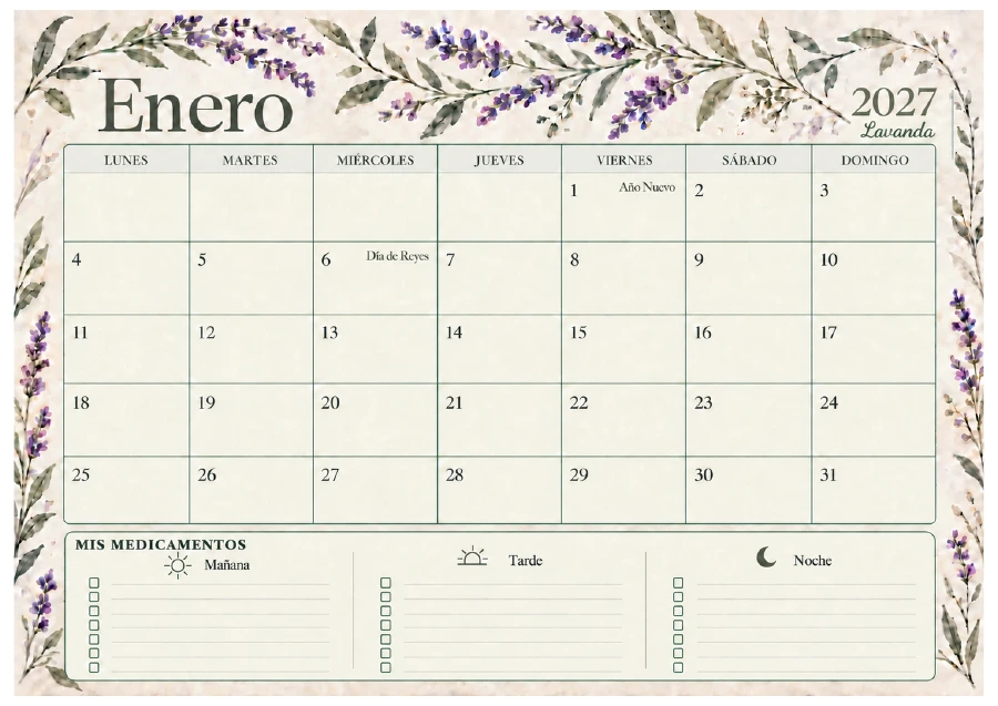 Enero del calendario para adultos mayores, con medicamentos