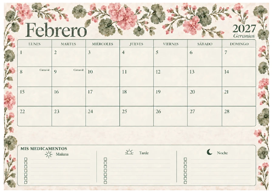 Diseño original de febrero del calendario WE DO, con motivos botánicos