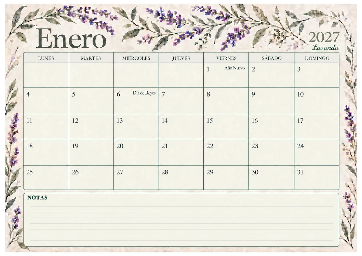 Enero del calendario normal, con notas